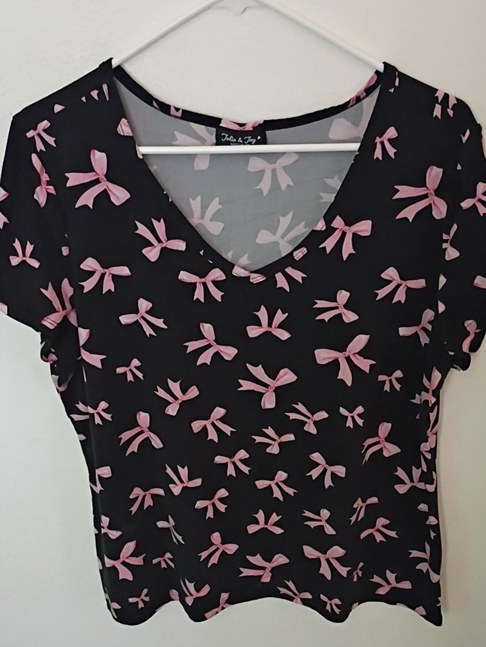Black V-Neck Top with Pink Bow Print